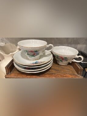 Vintage Floral White Porcelain Teacup and Saucer Set with Gold Trim